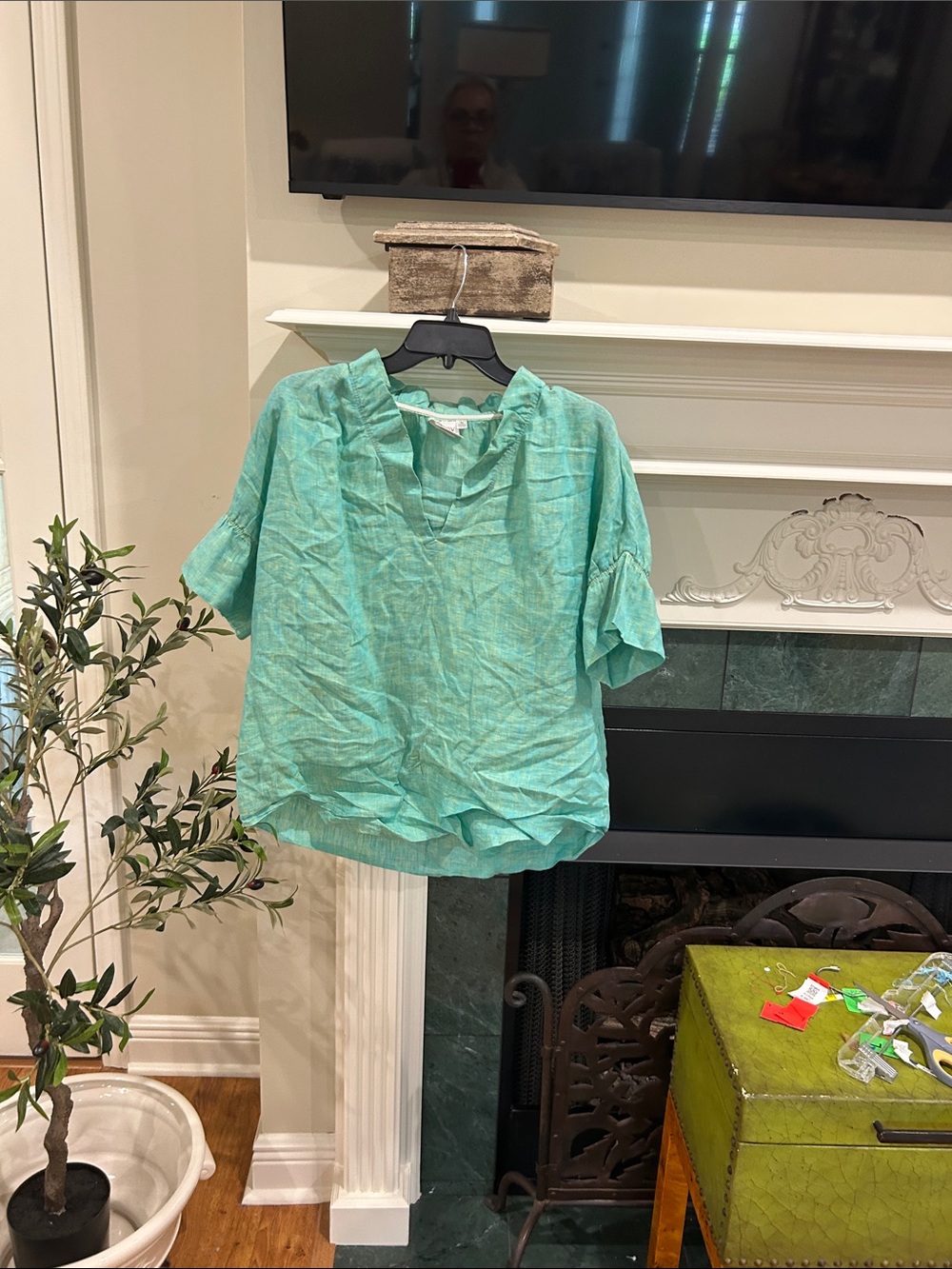 Finley Seafoam Green Linen-Blend Short Sleeve Top